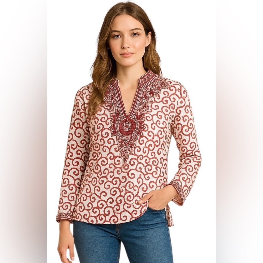 Sweet Lily Red White Embroidered Beaded Tunic Top Size Small